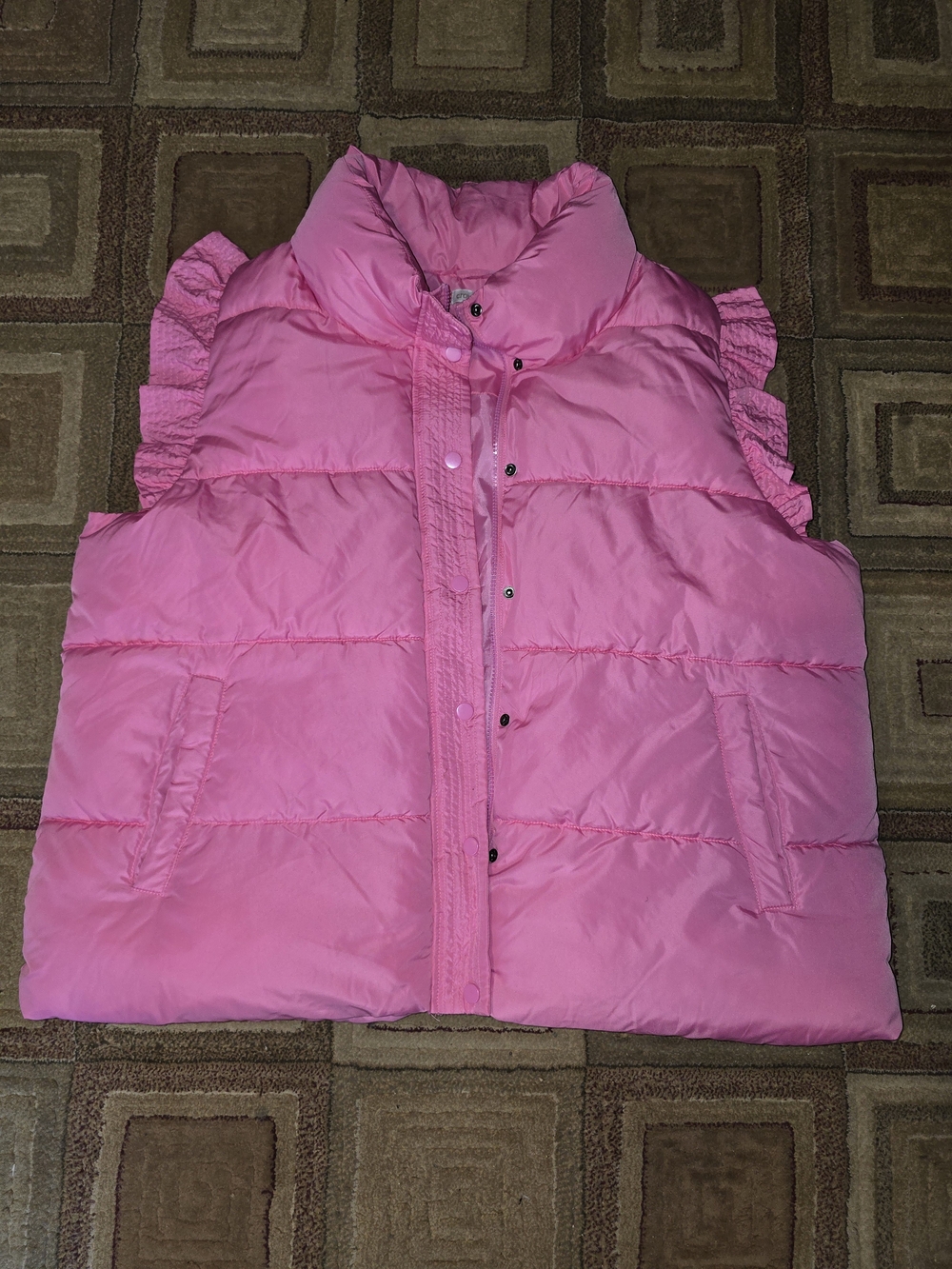 crown & ivy Pink Quilted Puff Vest with Ruffle Sleeves
